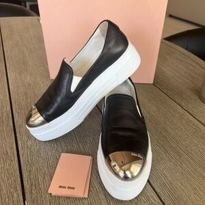 Miu Miu 5S905C Black Leather Logo Metal Cap Toe Platform Sneakers 37.5